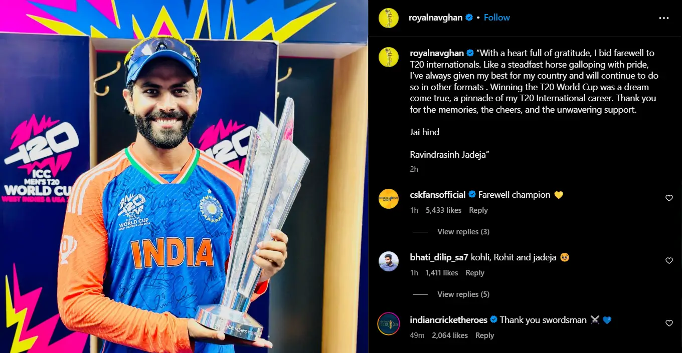 Ravindra Jadeja Announces Retirement from T20 Internationals after World Cup Triumph